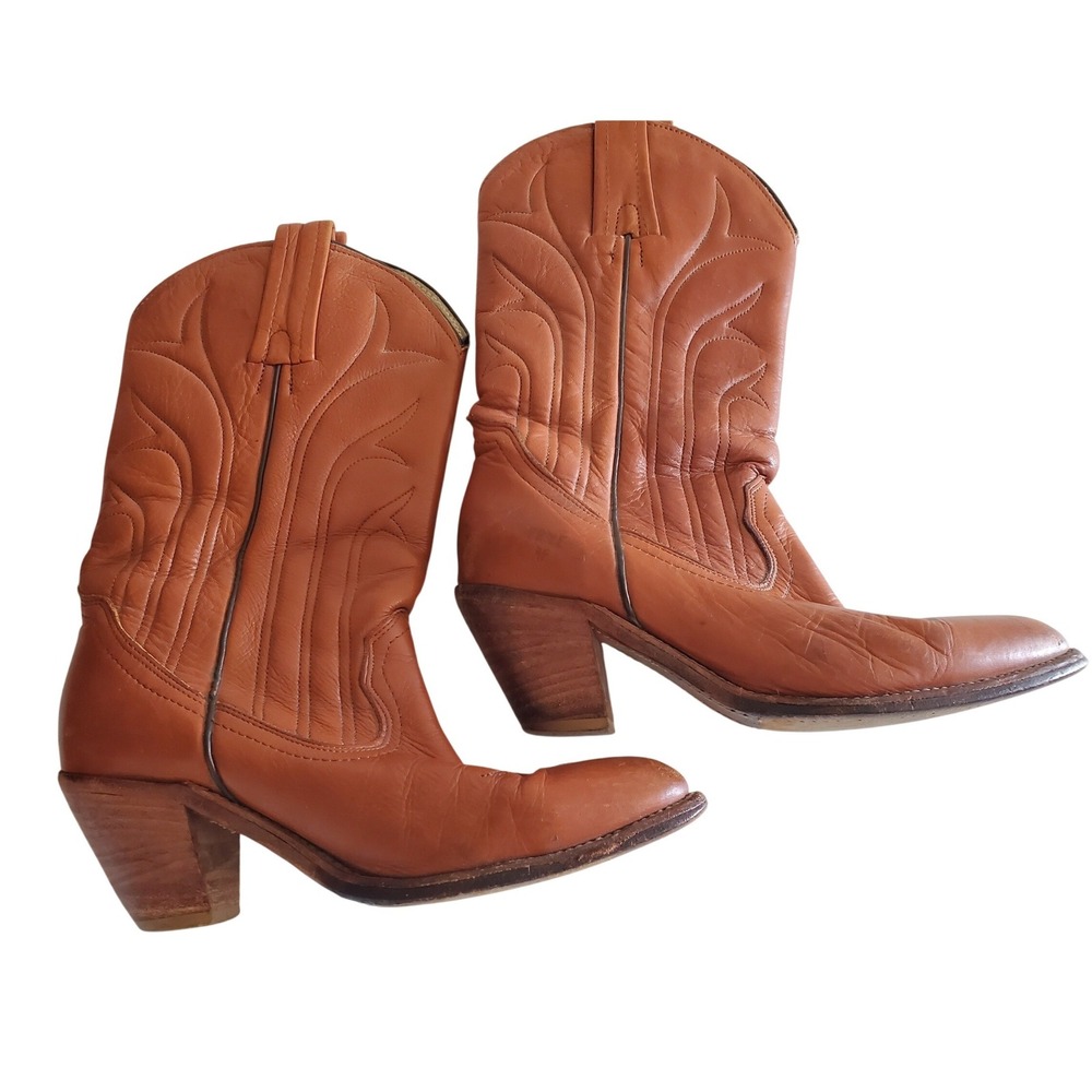 Frye 70s 7055 Vintage Women 7.5 Tan Leather Western Cowgirl Boots Made‎ in USA